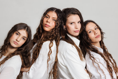 Four young women with long wavy hair posing together, dressed in white shirts, on a neutral backgroundの写真素材