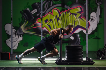 Intense workout in a dynamic gym setting with colorful graffiti artの写真素材