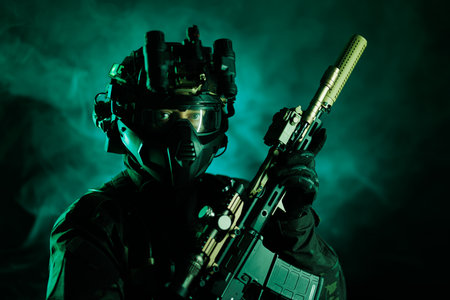 Tactical operative holding advanced weapon in green foggy atmosphere at nightの写真素材