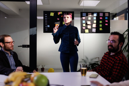 Business meeting with a speaker presenting ideas in a modern office environment during the daytimeの写真素材