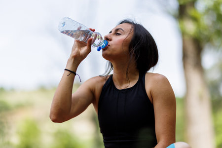 Active Woman Drinking Water Outdoors to Stay Hydrated During a Fitness Sessionの写真素材