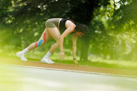 Female athlete in dynamic pose preparing for exercise outdoors surrounded by greenery