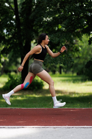 Active woman with athletic tape running on a track in a park surrounded by trees