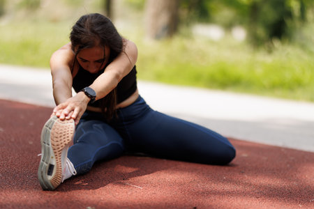 Woman Engaged in Outdoor Stretching on Pavement in a Serene Park Settingの写真素材