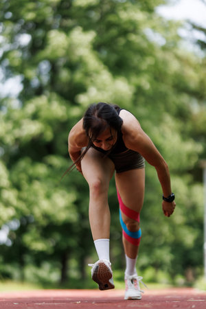 Female Athlete Stretching Before Running in an Outdoor Parkの写真素材