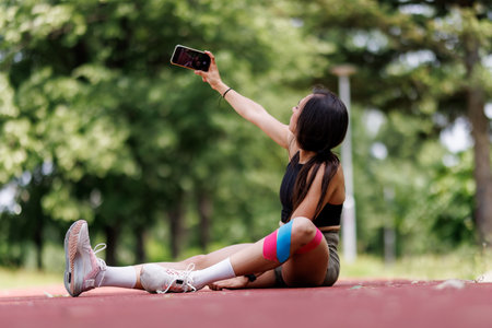 Young woman sitting outdoors on a track, taking a selfie during a fitness session.の写真素材