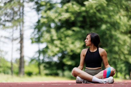 Woman resting with a fitness ball outdoors in a serene park setting, emphasizing relaxation and...