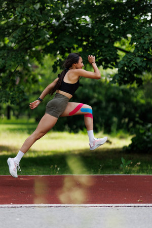 Athletic woman performing a dynamic exercise outdoors on a running track in a park setting,...