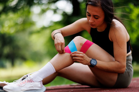 Woman Wrapping Knee with Colorful Kinesiology Tape During Outdoor Exercise Sessionの写真素材