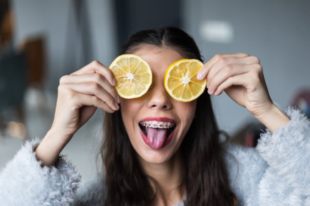 Playful Woman Posing with Lemon Slices, Showing Braces and Sticking Out Tongueの写真素材