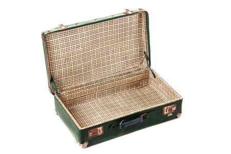 A vintage green suitcase sits open, showcasing its spacious checkered interior. This suitcase is perfect for packing essentials for trips or weekend getawaysの写真素材