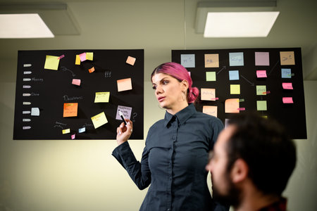 Business meeting with diverse professionals sharing ideas and discussing project timelines in a modern office settingの写真素材