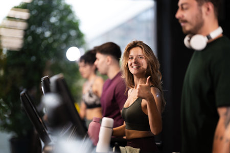 Fitness enthusiasts engage in workout at a gym with various equipment during the daytime, showcasing a positive atmosphere and healthy lifestyle choicesの写真素材