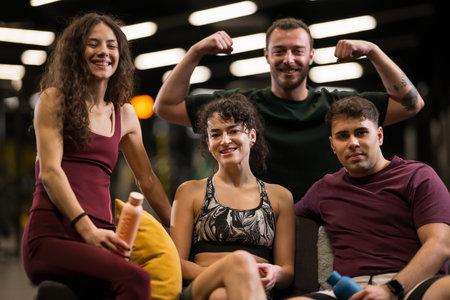 Group of fitness enthusiasts enjoys time together at the gym while showing their workout accomplishments after a training sessionの写真素材