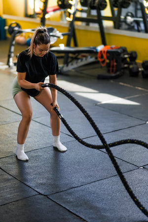 Woman exercises with battle ropes in a gym located in a fitness center during daytime hours
