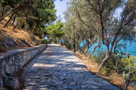 Path round a hill with a sea view, in Nafplio, Greece