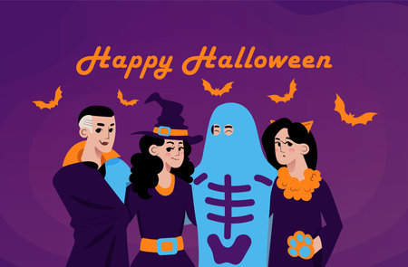 Four teenagers having fun on halloweenのイラスト素材