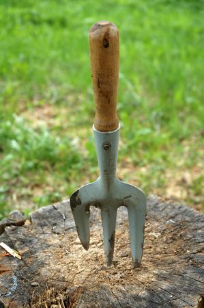 A farmers pitchfork standing upright in the stumpの写真素材