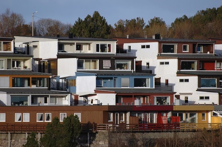 new modern architecture at frozen riverside in winter