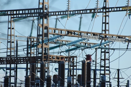 Industrial Electric power line transformer silhouetteの写真素材