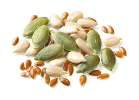 Pumpkin, sunflower, flax seeds mix isolated on white. Seed mixture with clipping path.