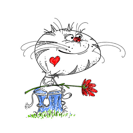 Hand Drawn Cat showing Love and Hearts Holding Red Flower Rose. Sitting on a Trash Bin in Grass. Valentine Vector Cute Drawing Card.のイラスト素材