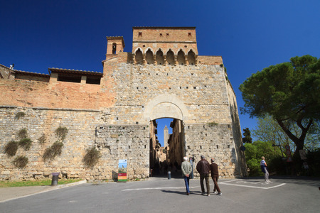 San Gimignano, April 2017:  View of medieval fortress famous as the Town of Fine Towers , on April 2017 in San Gimignano, Siena, Tuscany, Italyのeditorial素材