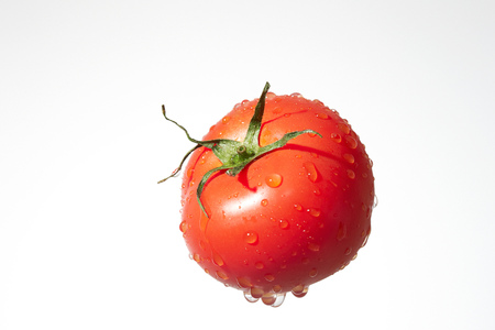 Ripe tomato with water splash isolated on a white background.の写真素材
