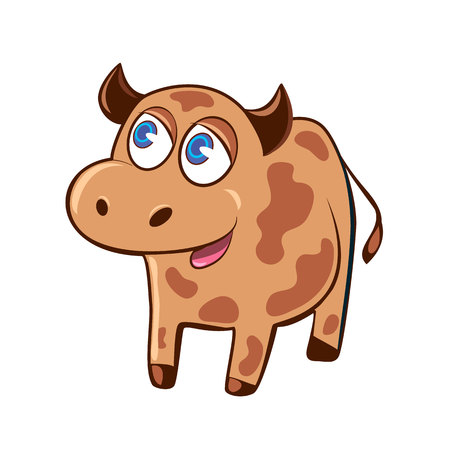 Cute doodle illustration with funny cow. Vector cartoon cow on white backgroundのイラスト素材