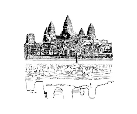 Hand drawn sketch of Angkor Wat Temple, Cambodia. Vector Illustrationのイラスト素材