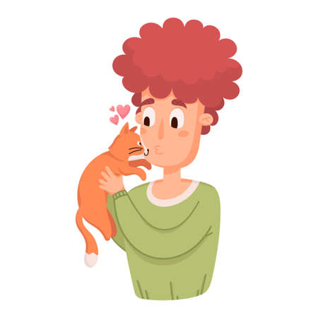 Happy pet owner. A boy plays with a cat, holding it in his arms. Vector cartoon illustrationのイラスト素材