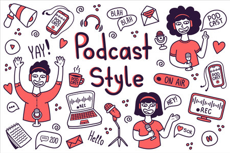 Podcast hand drawn set with oblects and characters. Vector doodle illustrationのイラスト素材
