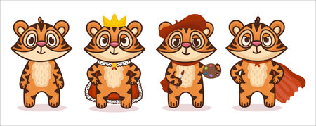 Set or tiger cartoon character. Different professions. Vector illustration for children products.のイラスト素材