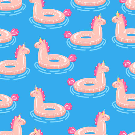 Iinflatable swimming ring seamless pattern. Pink unicorn in water. Cartoon vector illustration.のイラスト素材