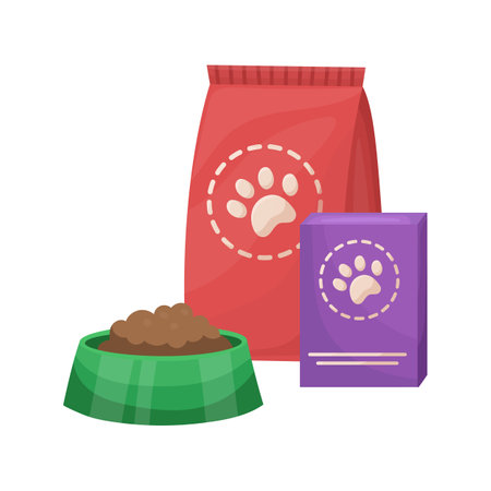 Pet food. Food for cats and dogs. Bowl and packaging. Vector flat illustration.のイラスト素材