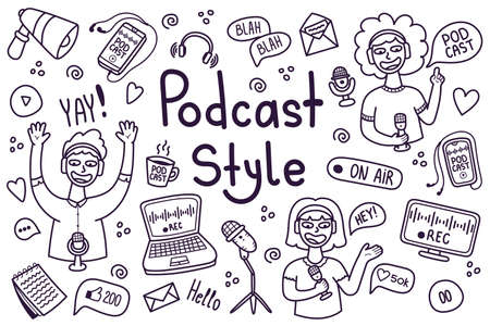 Podcast hand drawn set with oblects and characters. Vector doodle illustration.のイラスト素材