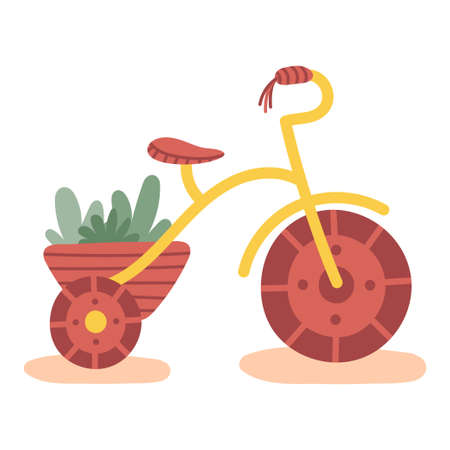 Hand drawn bicycle with plants isolated on white background. Eco pedal transport carrying baskets with plants. Vector flat illustration.のイラスト素材