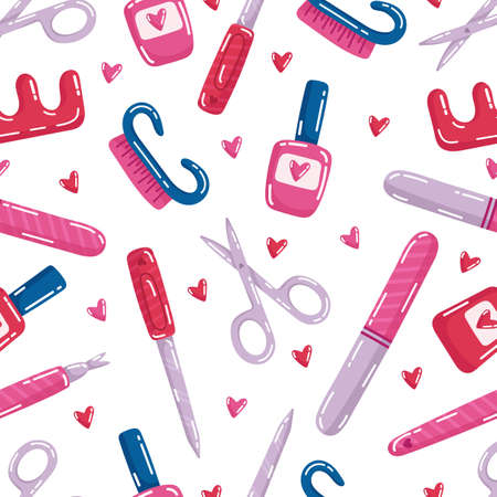 Seamless pattern of manicure tools. Pedicure equipment. Vector iilustration.のイラスト素材