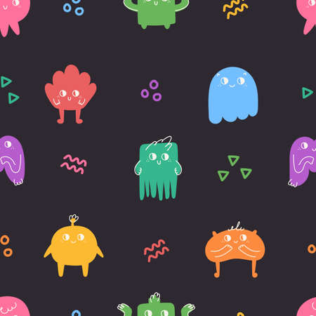 Seamlesss pattern of hand drawn doodle cute little monsters. Abstract colorful characters. Vector flat illustration on black backgroundのイラスト素材