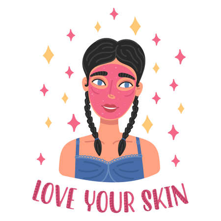 Portrait of cute happy young woman with cosmetic mask. Avatar of smiling girl brunette with pigtails. Love your skin text. Flat cartoon vector illustration.のイラスト素材