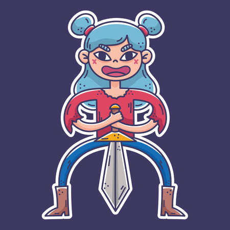 Doodle girl warrior with a sword vector illustration. RPG fantasy items stickerのイラスト素材