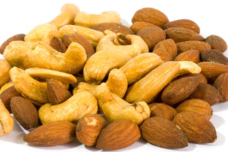 Ripe cashew nuts and almondsの写真素材