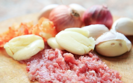 Pork and thai herbs on wood background
の写真素材