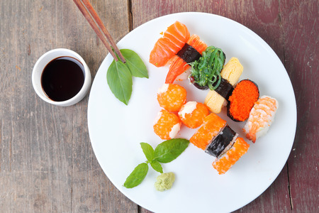 Sushi set on wooden backgroundの写真素材