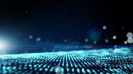 Dark blue abstract animation background with moving and flicker particles form. Backdrop of bokeh light ray effect.の写真素材
