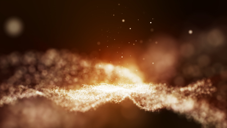 Dark gold yellow and glow particle circle abstract background with light ray effect.の写真素材