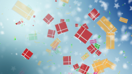 Christmas blue background with gift boxes and snowflakes fallingの写真素材