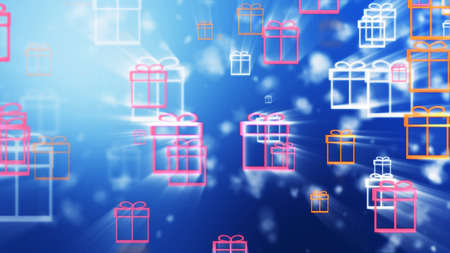 Christmas blue background with gift boxes and snowflakes falling.の写真素材