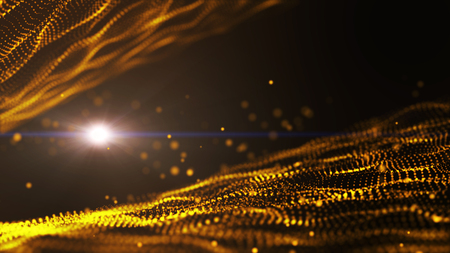 Dark gold yellow and glow particle circle abstract background with light ray effect.の写真素材