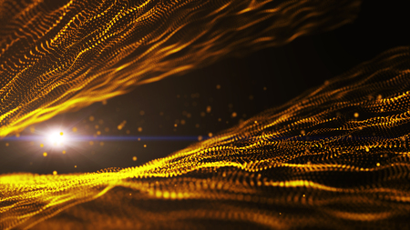 Dark gold yellow and glow particle circle abstract background with light ray effect.の写真素材